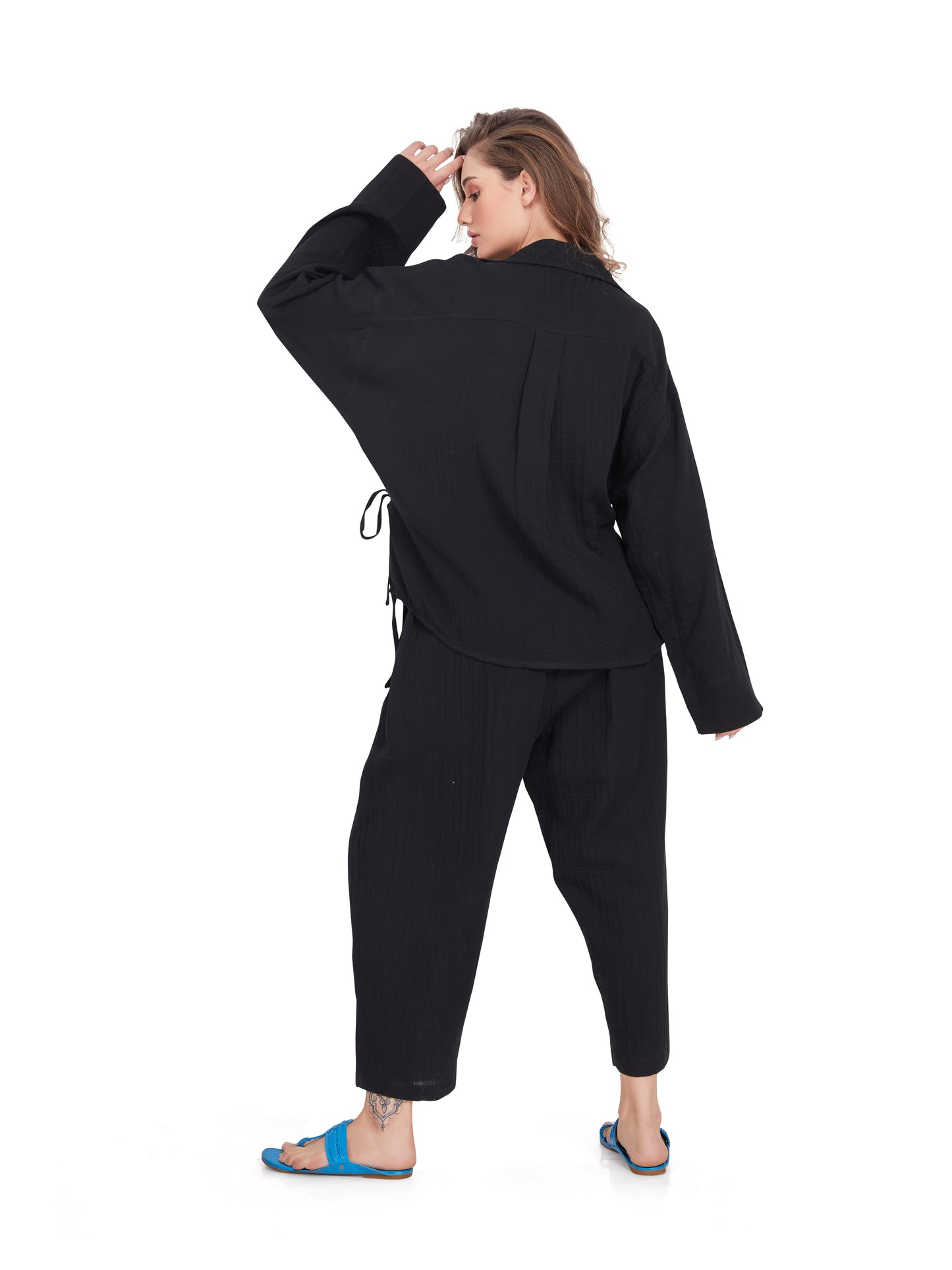 Black Crushed Cotton Co-ord Set in Wrap over style – Oversized Fit