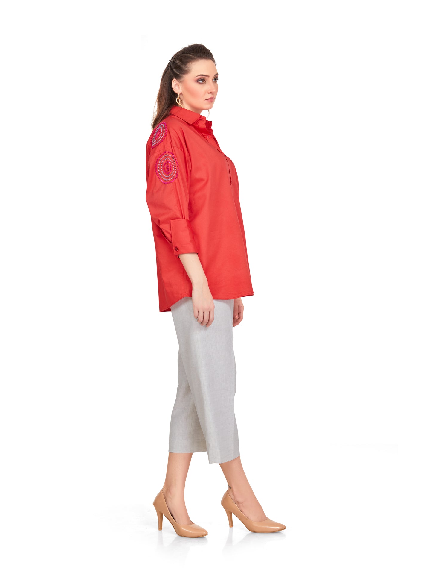 Red Cotton Shirt with Handcrafted Bead Embellishments