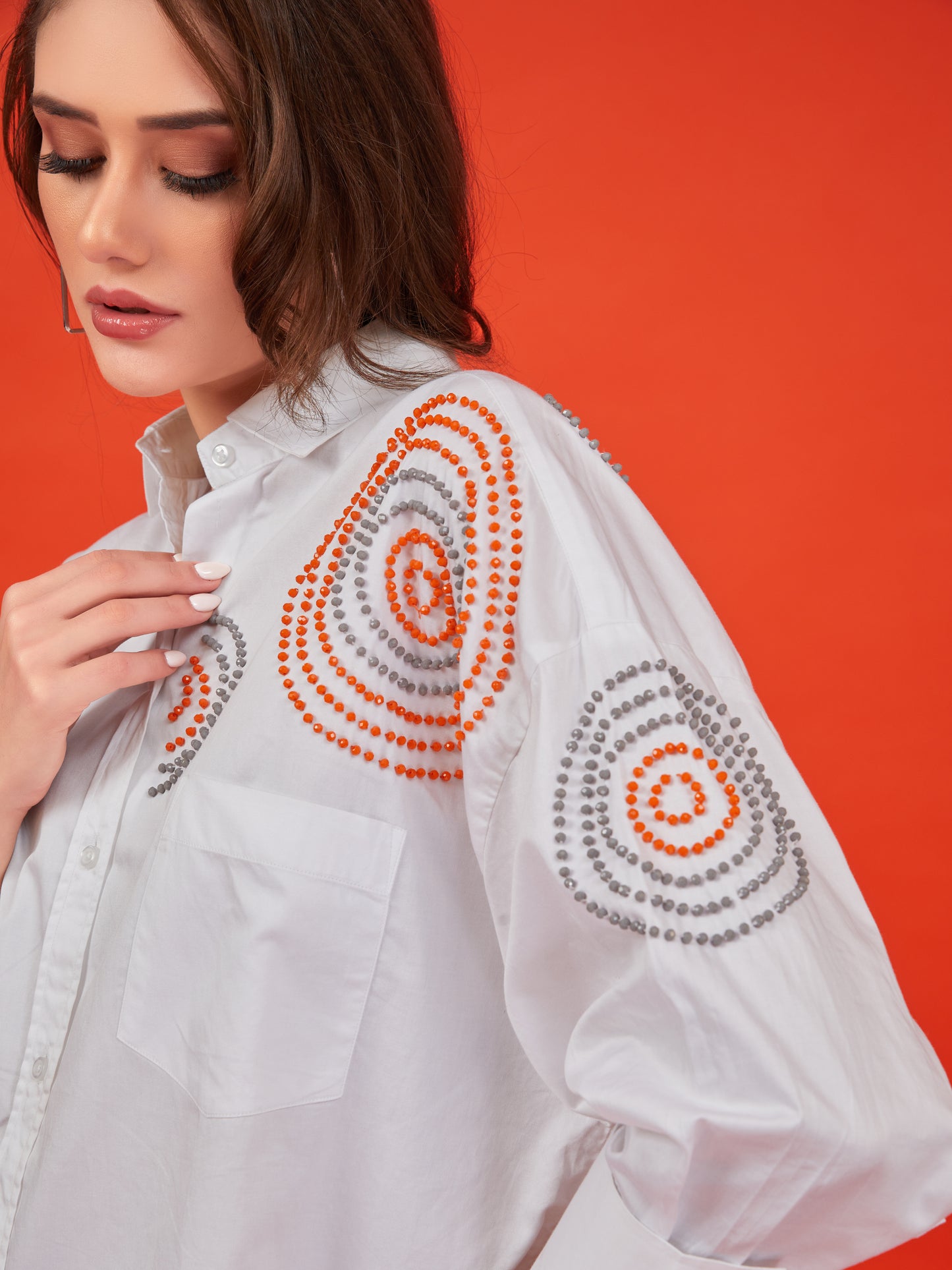 White Cotton Shirt with Handcrafted Bead Embellishments – Oversized Fit