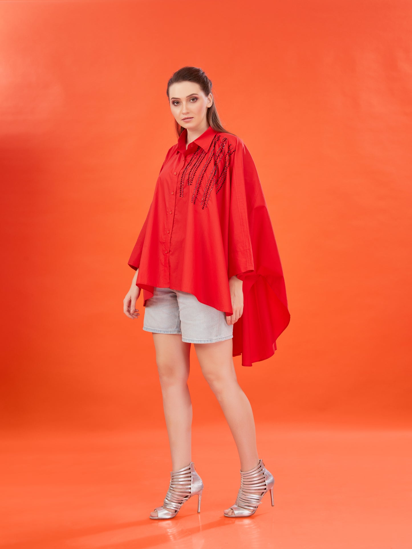 Red Poplin Kaftan Shirt with Handcrafted Bead Embellishments – Oversized Fit