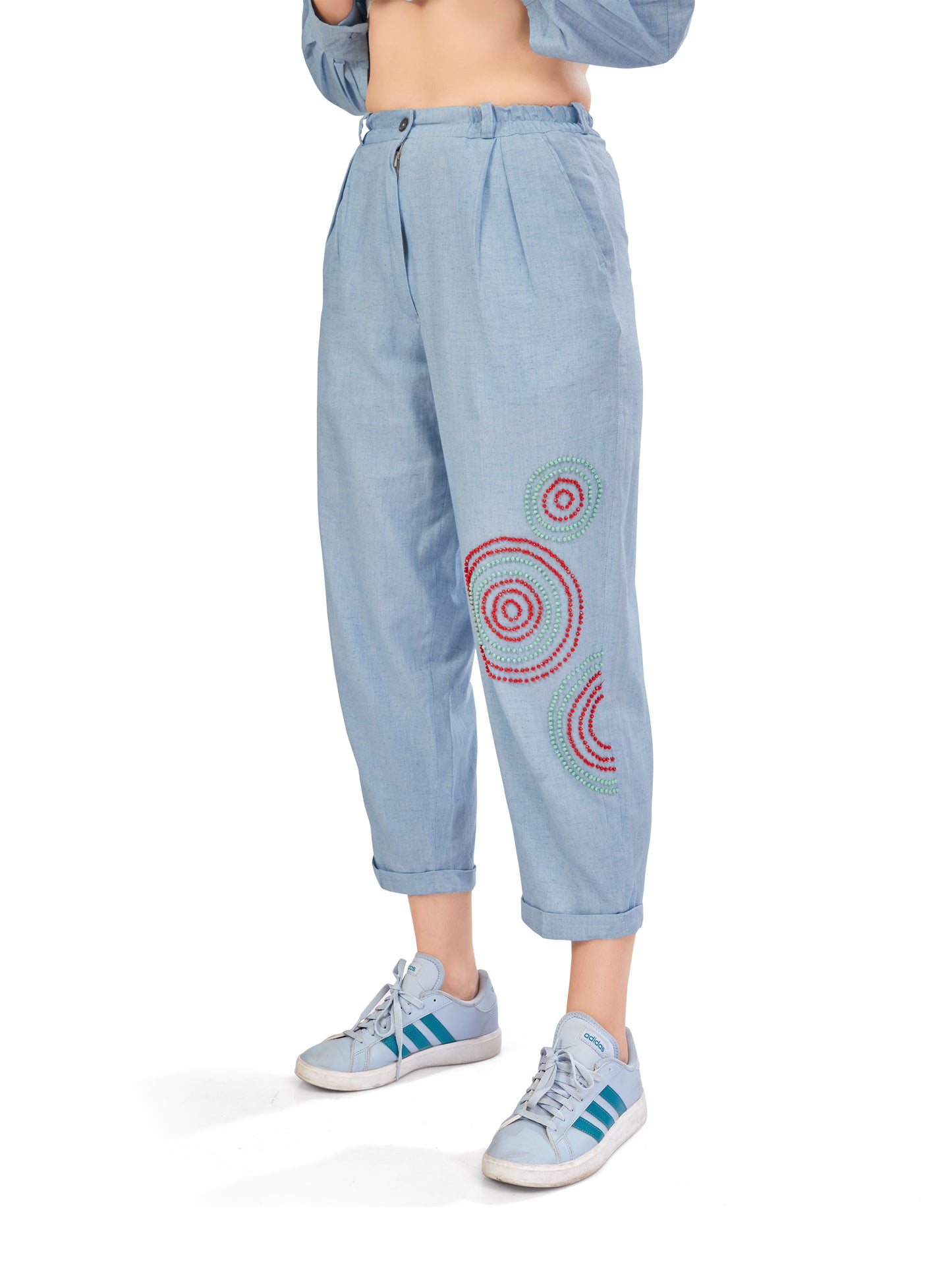 Denim Blue Linen Co-ord Set with Handpaint and Handcrafted Bead Embellishments – Oversized Fit