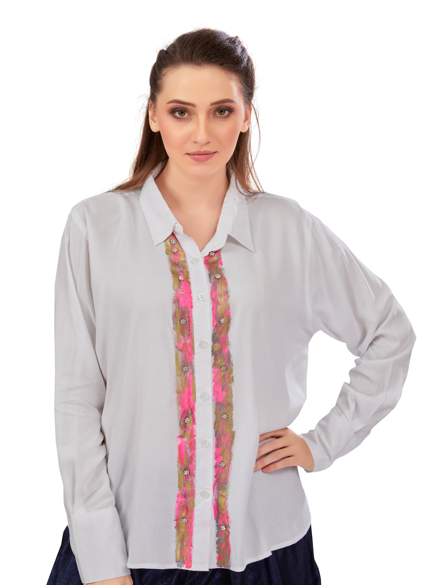 White Cotton Oversized Shirt – Hand Painted & Stone Embellished