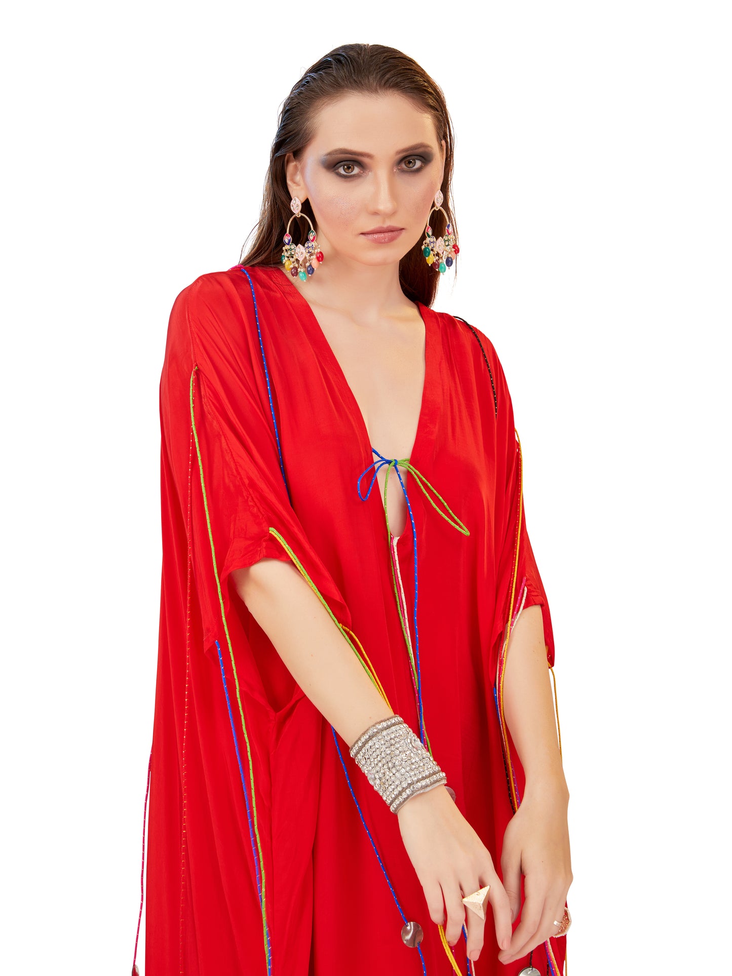 Scarlet Crepe Kaftan – Bold Elegance with Resort Flair