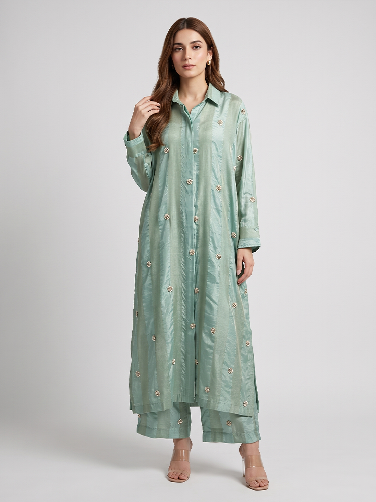 Mint Green Crepe Kurta Set with Gold Handwork