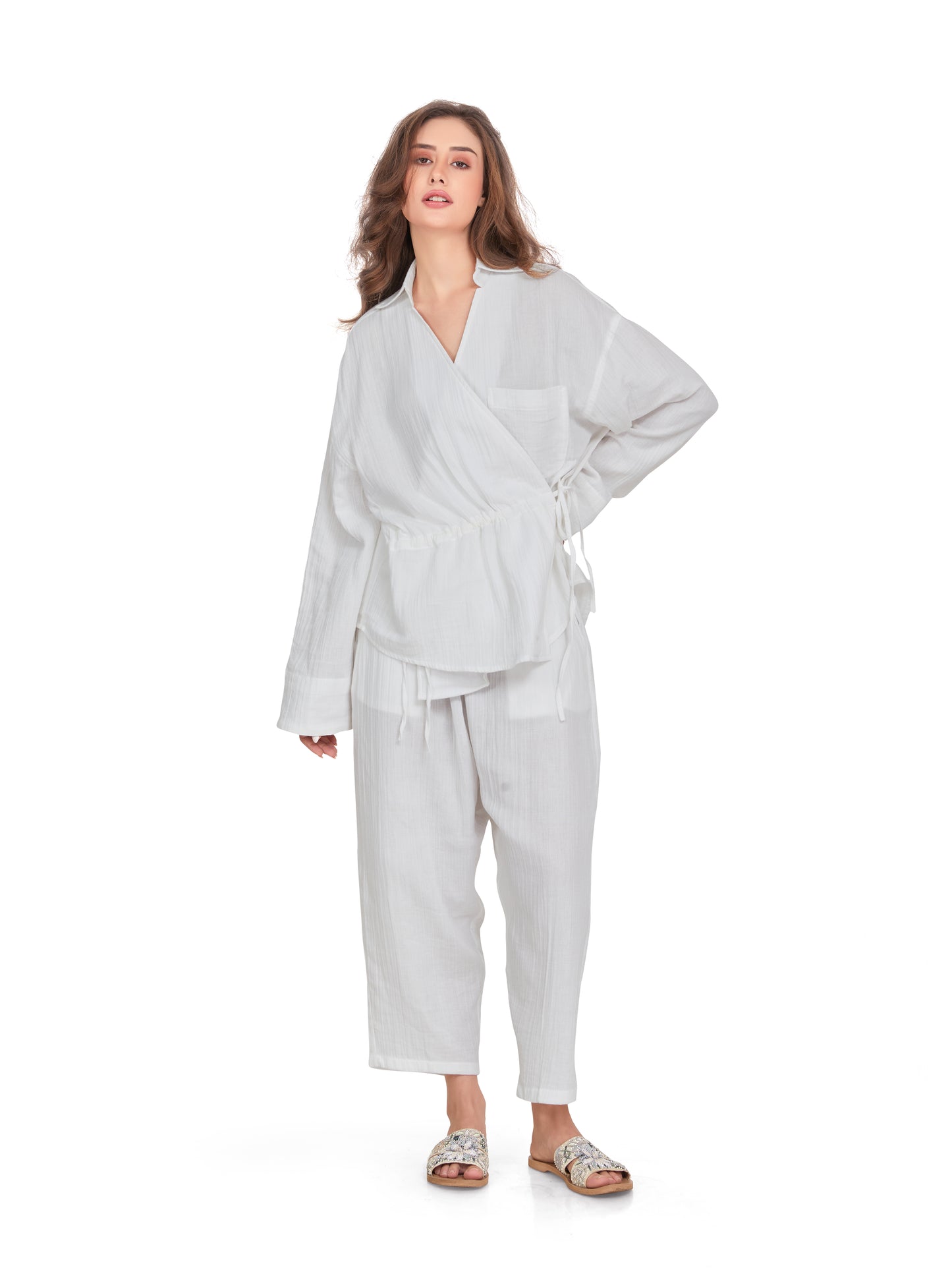 Frosty White Crushed Cotton Co-ord Set in Wrap over style – Oversized Fit