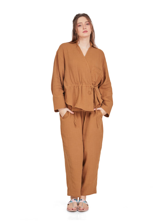 Caramel Brown Crushed Cotton Co-ord Set in Wrap over style – Oversized Fit