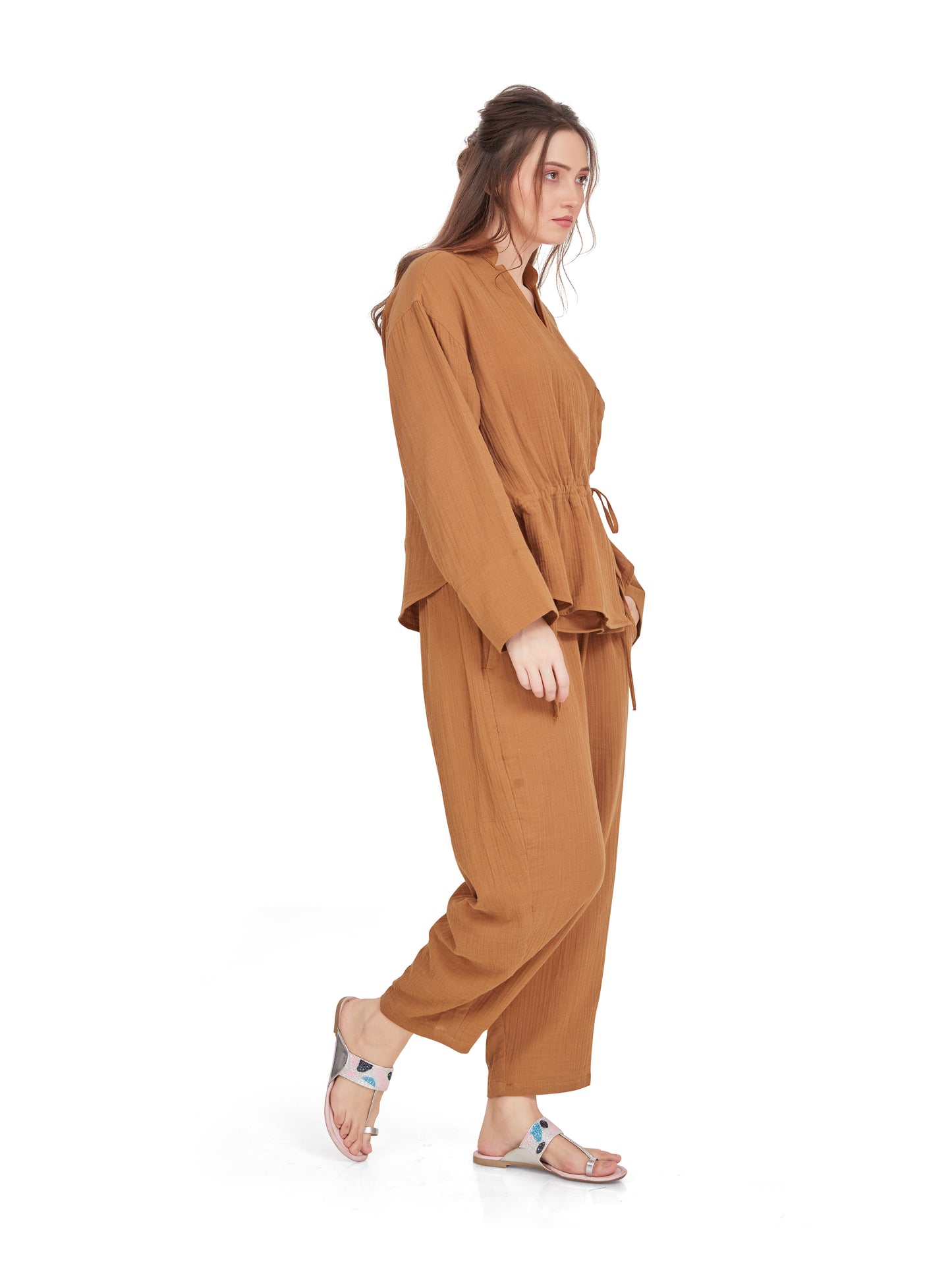 Caramel Brown Crushed Cotton Co-ord Set in Wrap over style – Oversized Fit