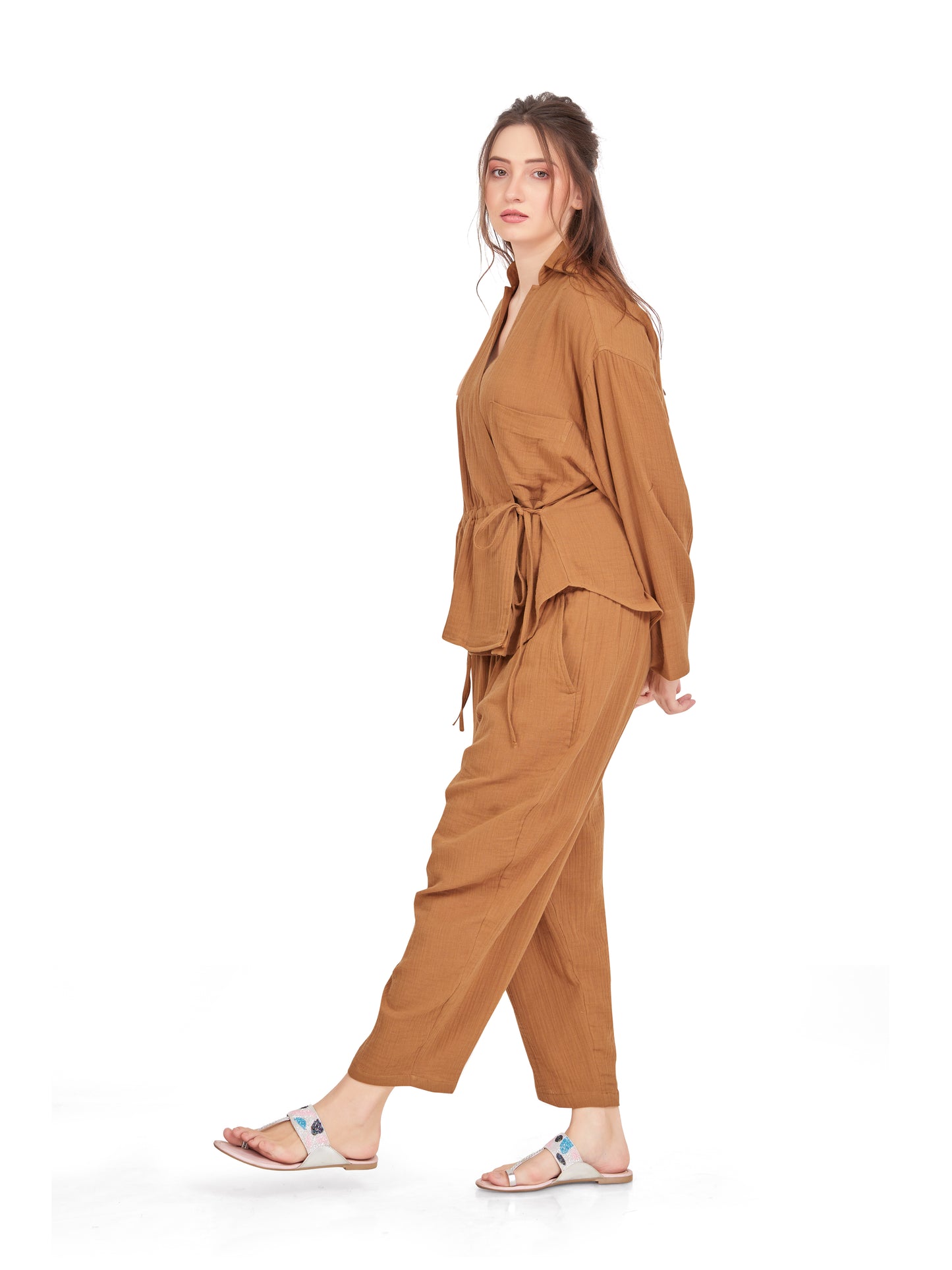 Caramel Brown Crushed Cotton Co-ord Set in Wrap over style – Oversized Fit