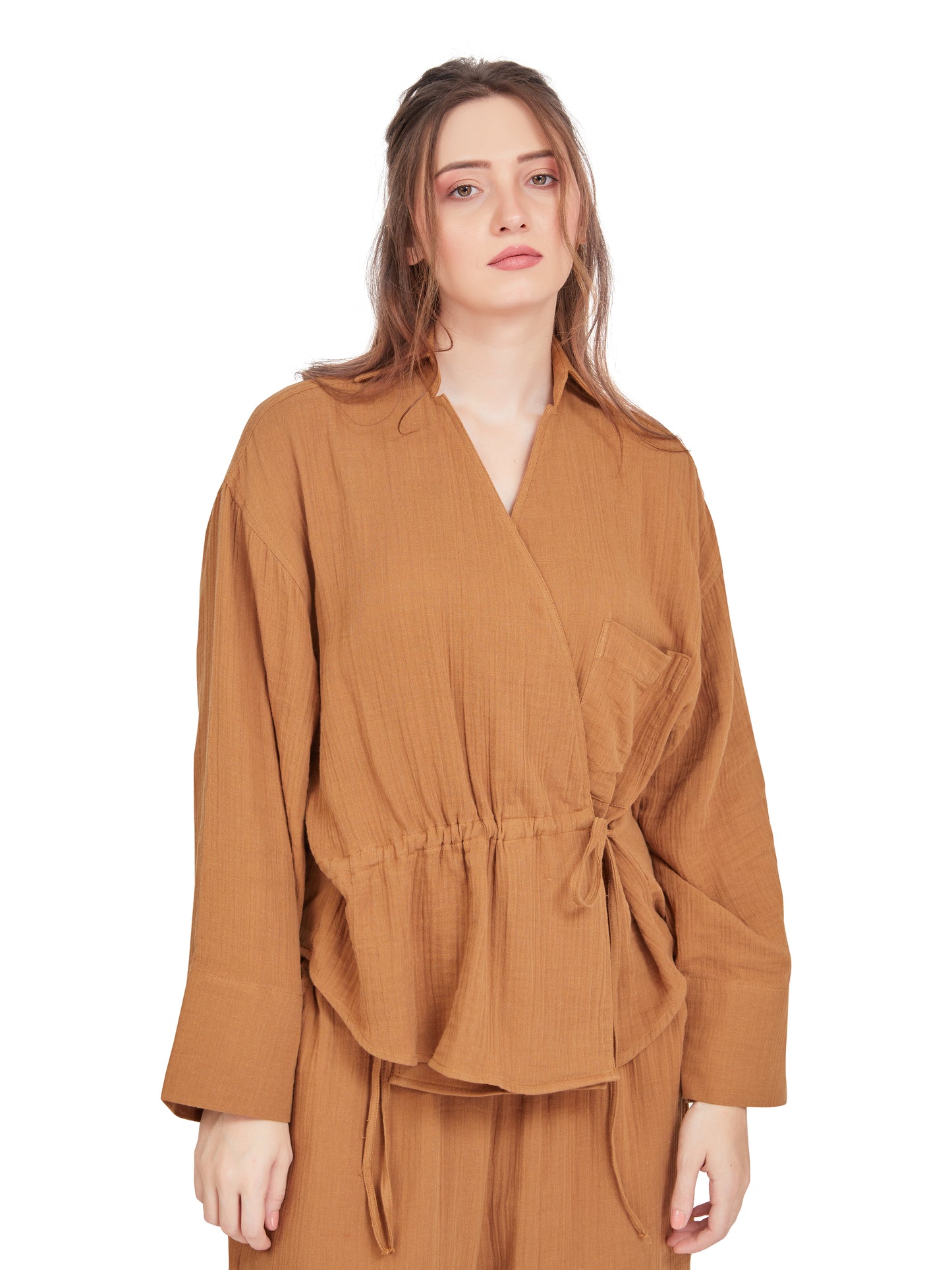 Caramel Brown Crushed Cotton Co-ord Set in Wrap over style – Oversized Fit