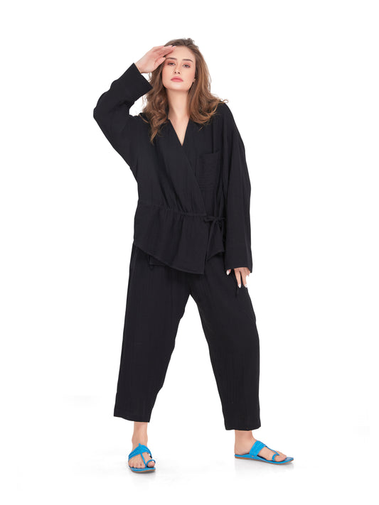 Black Crushed Cotton Co-ord Set in Wrap over style – Oversized Fit