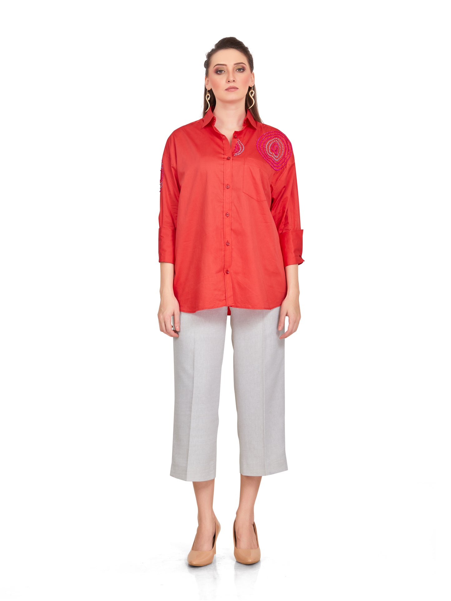 Red Cotton Shirt with Handcrafted Bead Embellishments