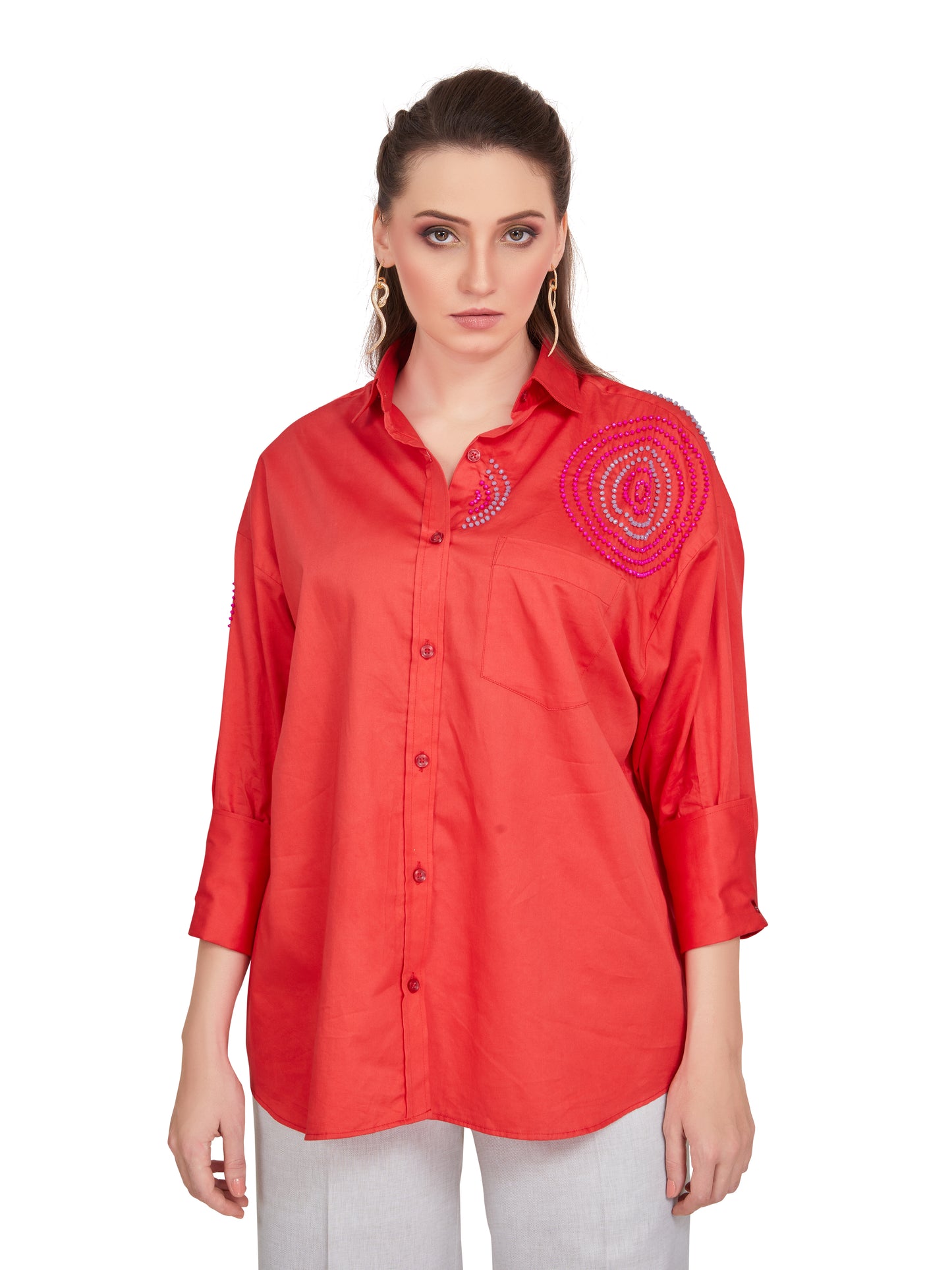 Red Cotton Shirt with Handcrafted Bead Embellishments