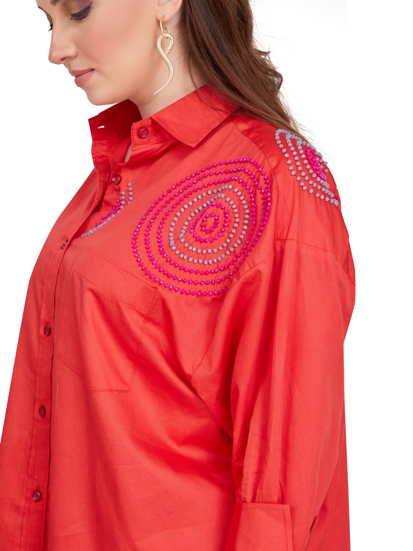 Red Cotton Shirt with Handcrafted Bead Embellishments