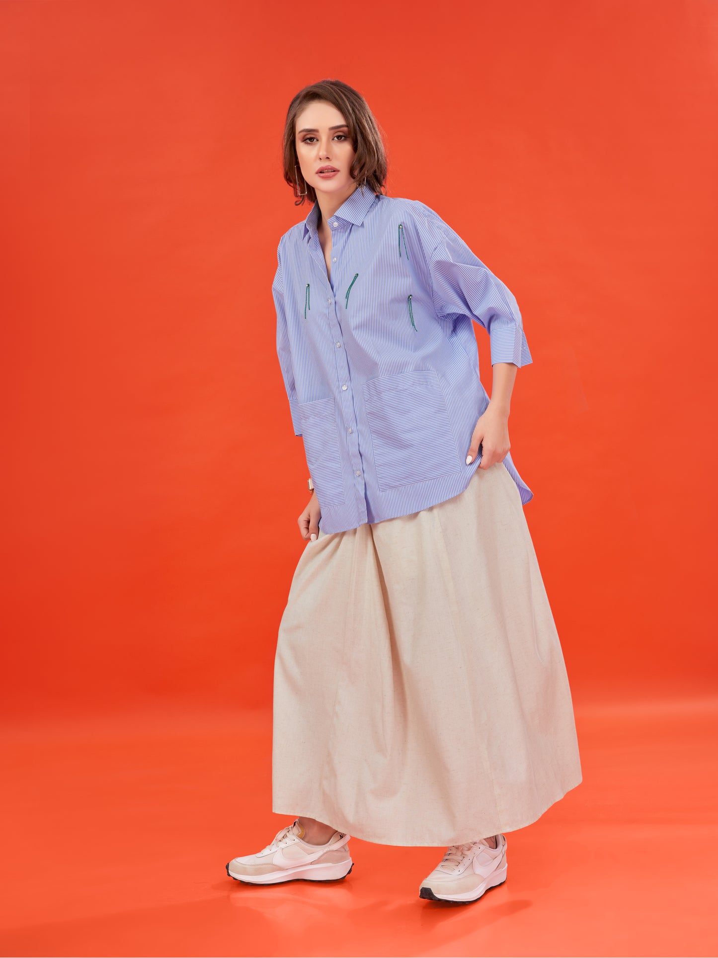 Blue Striped Cotton Shirt with Beaded and Swarovski Tassels – Oversized Fit