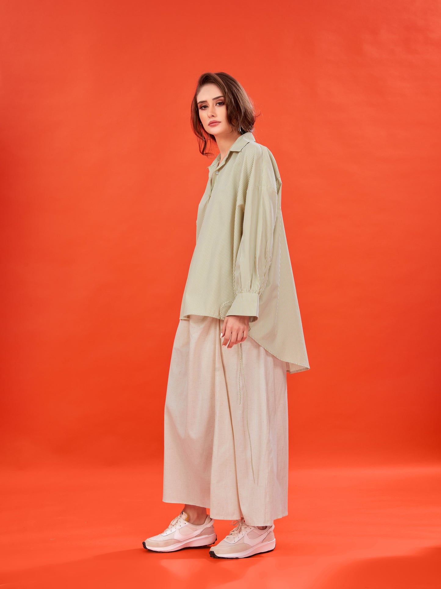 Green Striped Cotton Shirt with Fabric Tassels – Oversized Fit