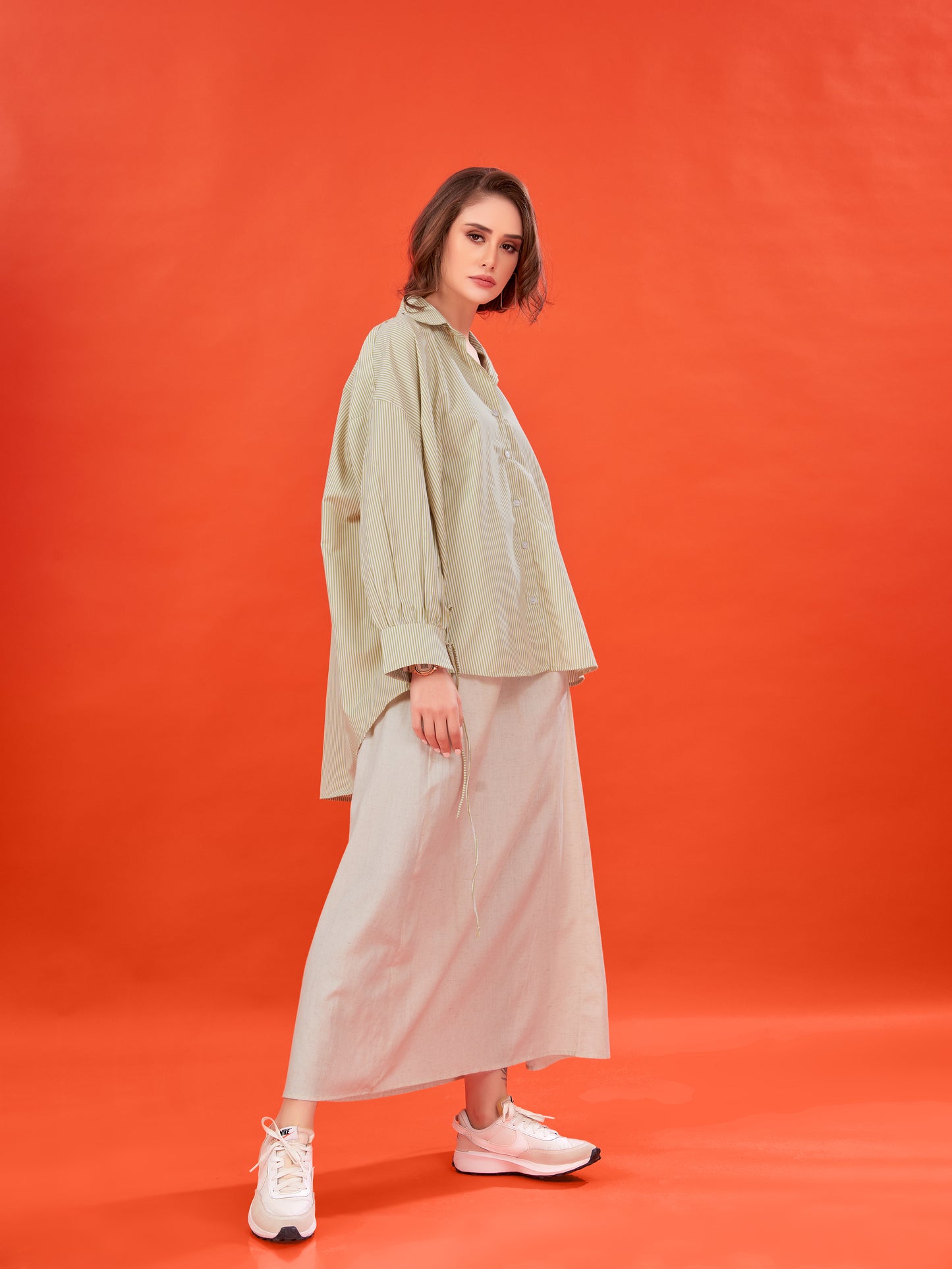 Green Striped Cotton Shirt with Fabric Tassels – Oversized Fit