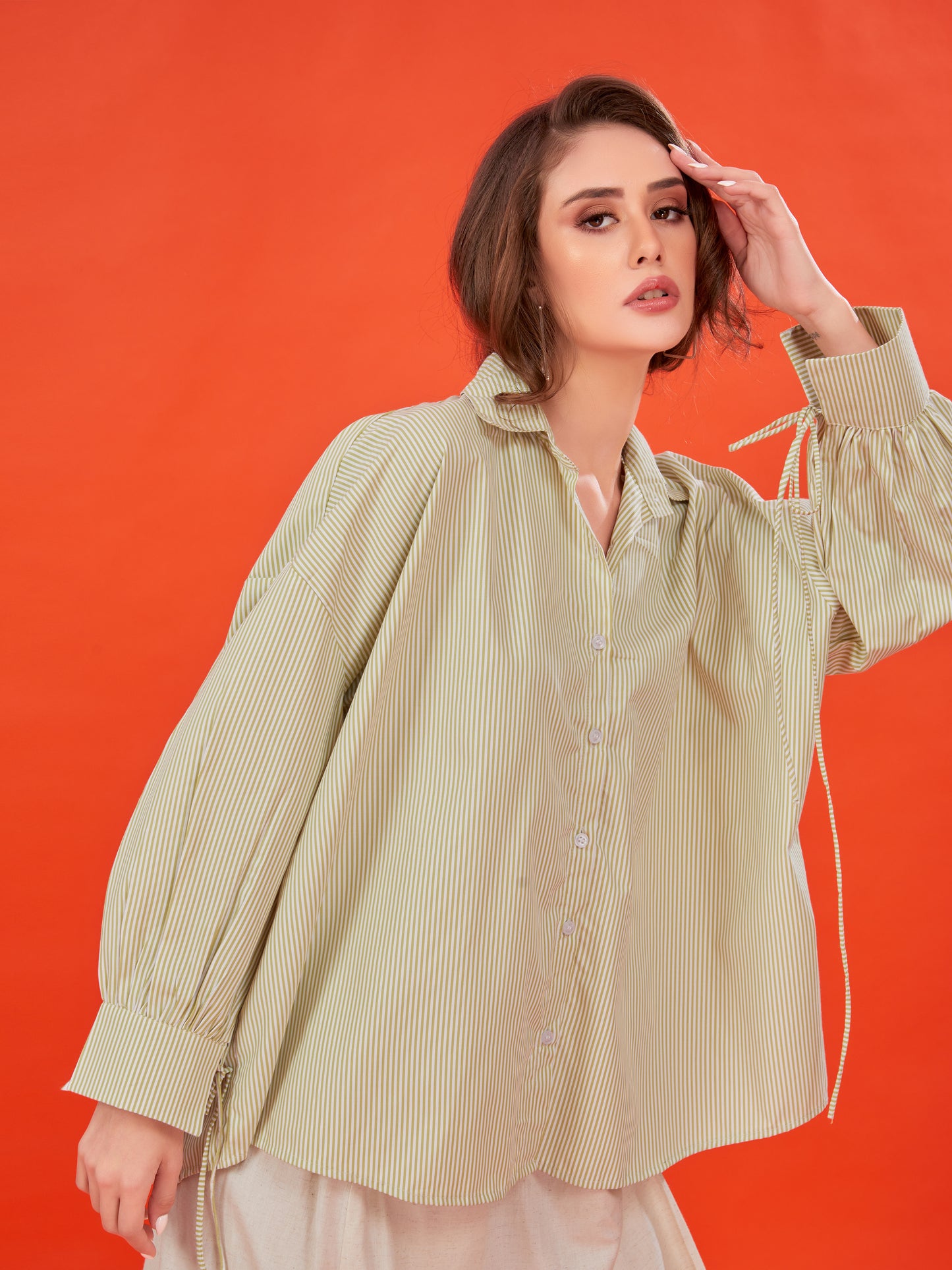 Green Striped Cotton Shirt with Fabric Tassels – Oversized Fit