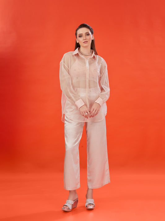 Peach Organza Oversized Shirt – Hand-Embellished with Stones