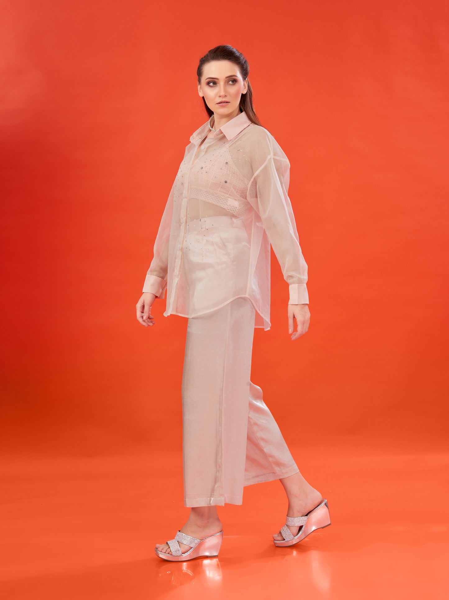 Peach Organza Oversized Shirt – Hand-Embellished with Stones