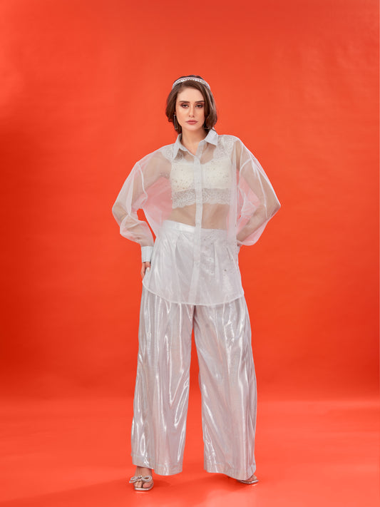 White Organza Oversized Shirt – Hand-Embellished with Stones