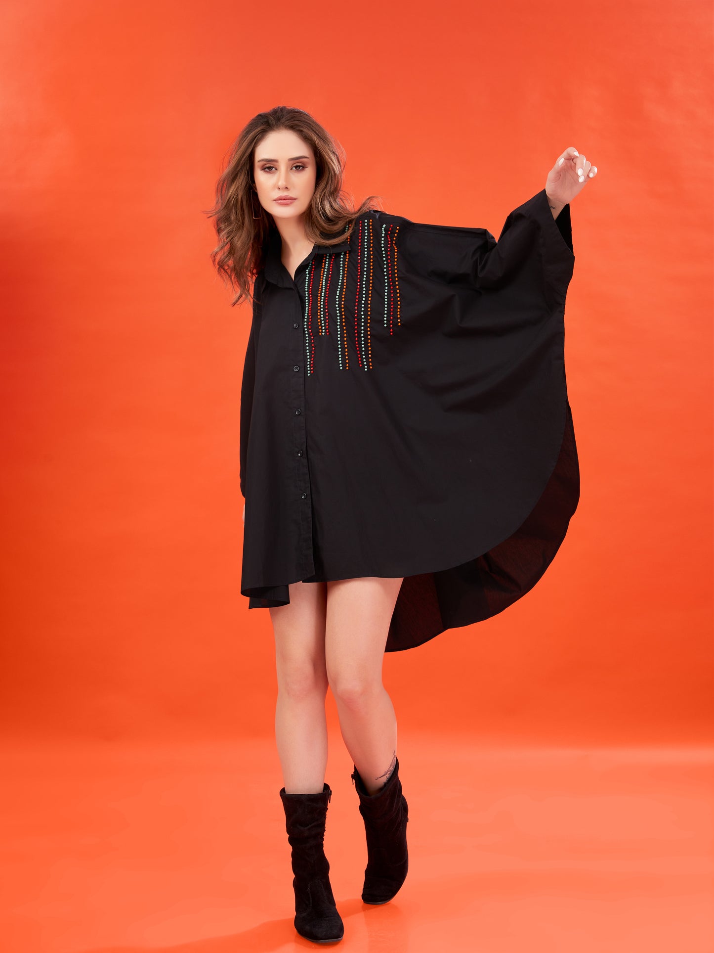 Black Poplin Kaftan Shirt with Handcrafted Bead Embellishments – Oversized Fit