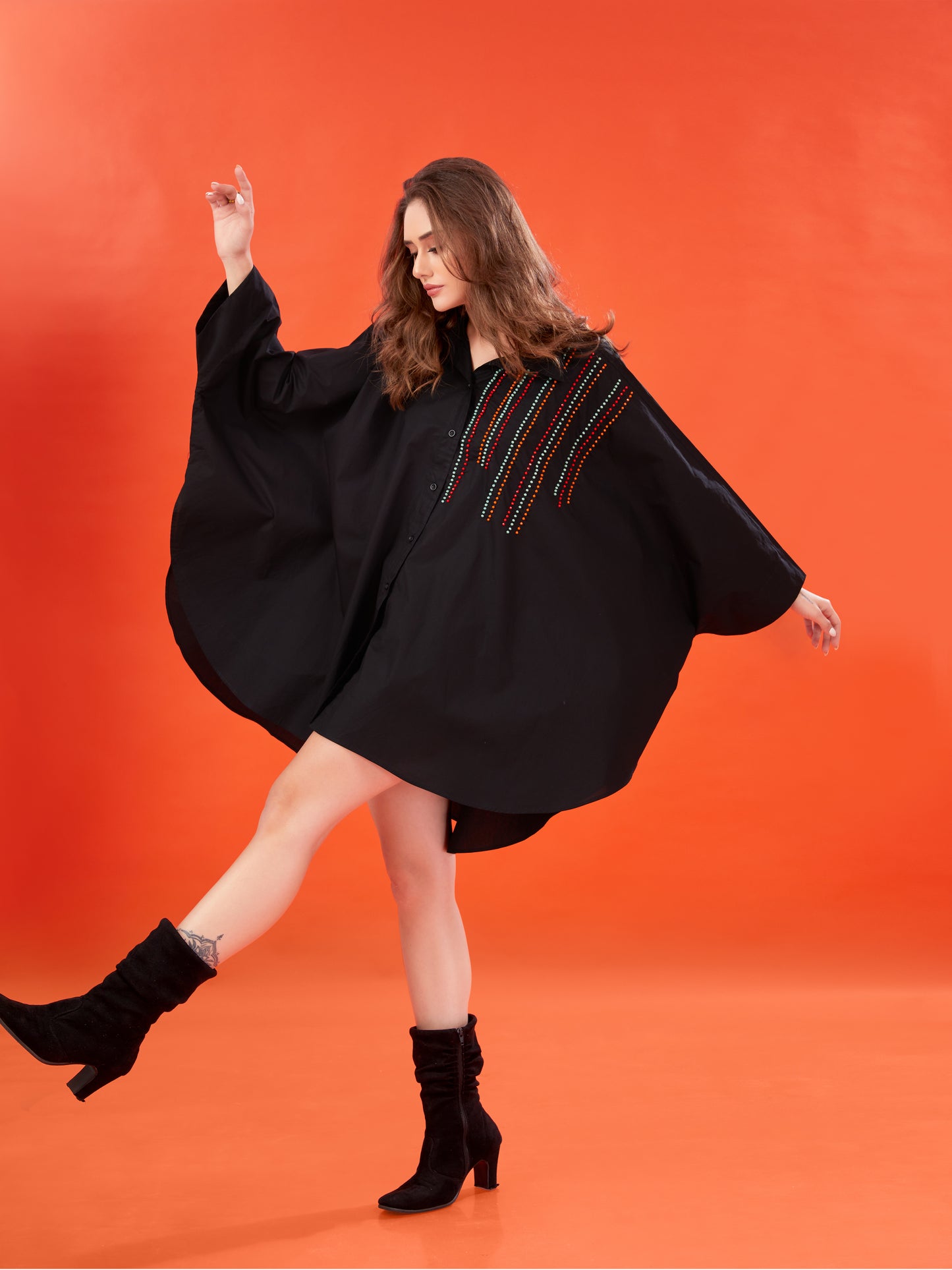 Black Poplin Kaftan Shirt with Handcrafted Bead Embellishments – Oversized Fit