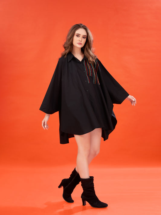 Black Poplin Kaftan Shirt with Handcrafted Bead Embellishments – Oversized Fit