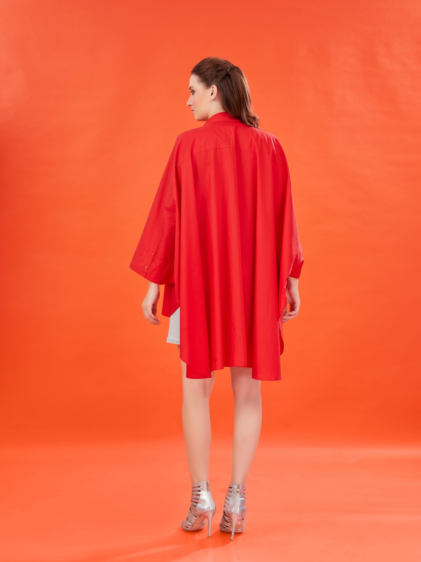 Red Poplin Kaftan Shirt with Handcrafted Bead Embellishments – Oversized Fit