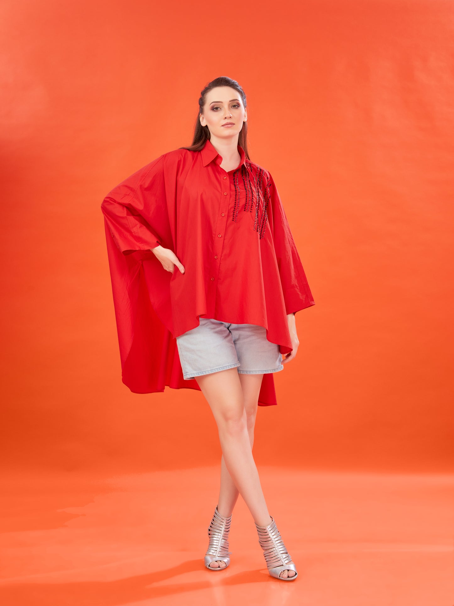 Red Poplin Kaftan Shirt with Handcrafted Bead Embellishments – Oversized Fit