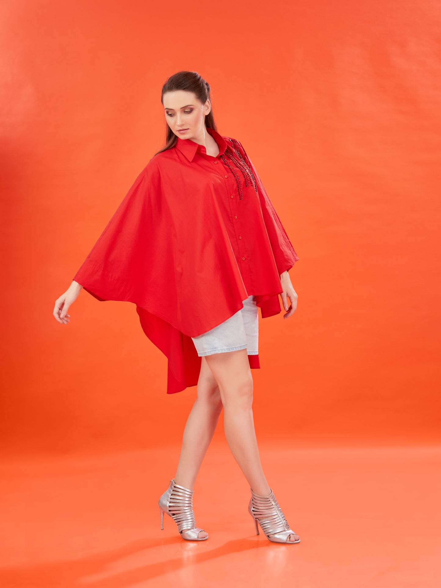 Red Poplin Kaftan Shirt with Handcrafted Bead Embellishments – Oversized Fit