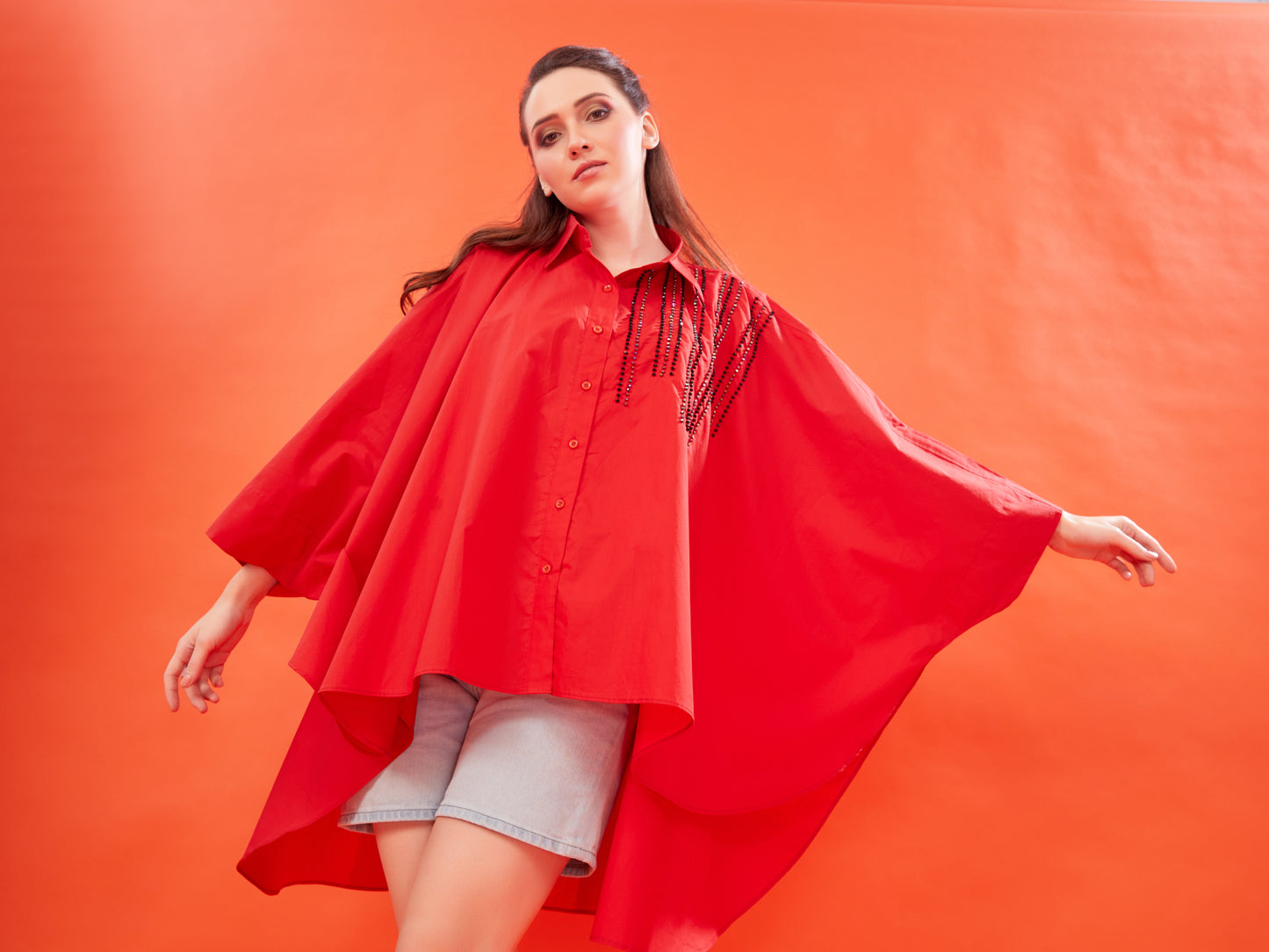 Red Poplin Kaftan Shirt with Handcrafted Bead Embellishments – Oversized Fit