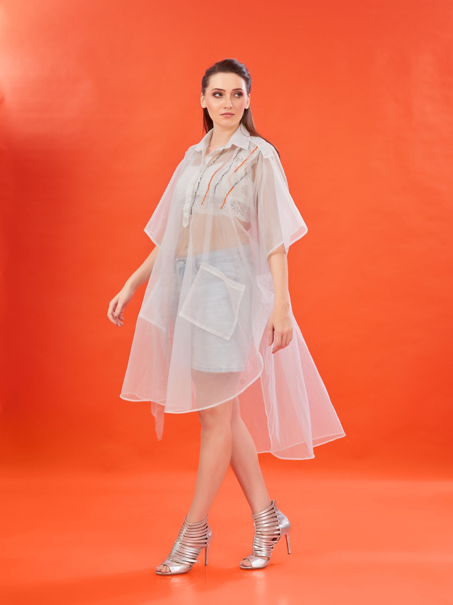 White Organza Oversized Shirt Dress – Hand-Embellished with Stones and Beads