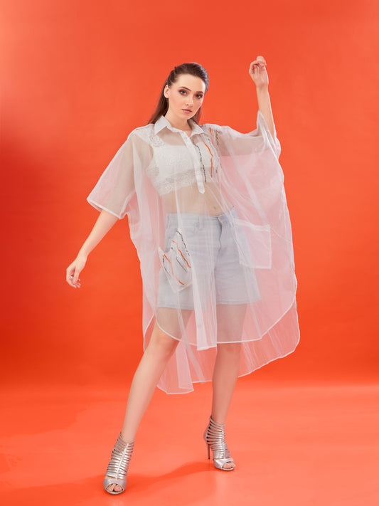 White Organza Oversized Shirt Dress – Hand-Embellished with Stones and Beads