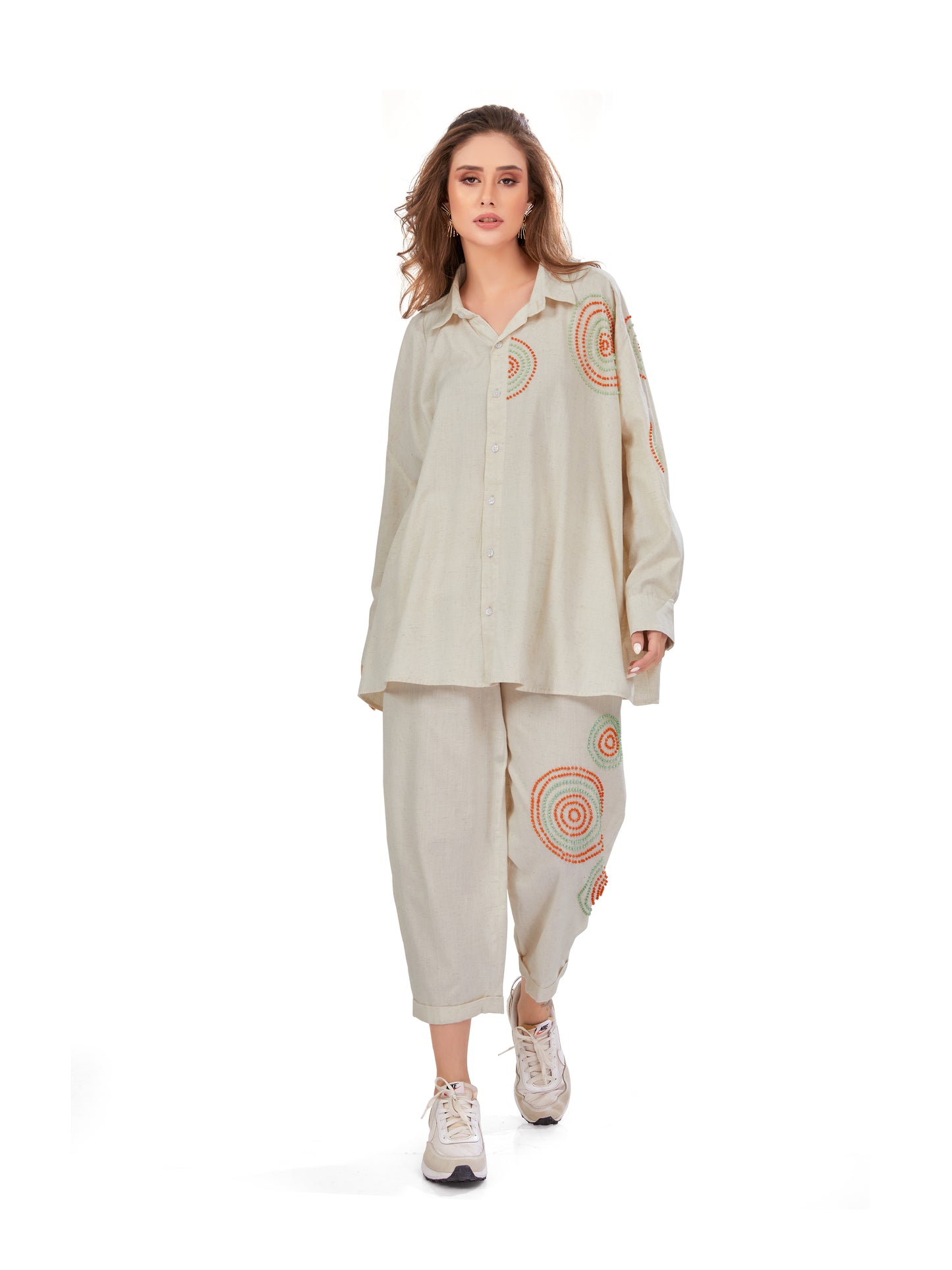 Off-White Linen Shirt and Pant Set with Handcrafted Bead Embellishments – Oversized Fit