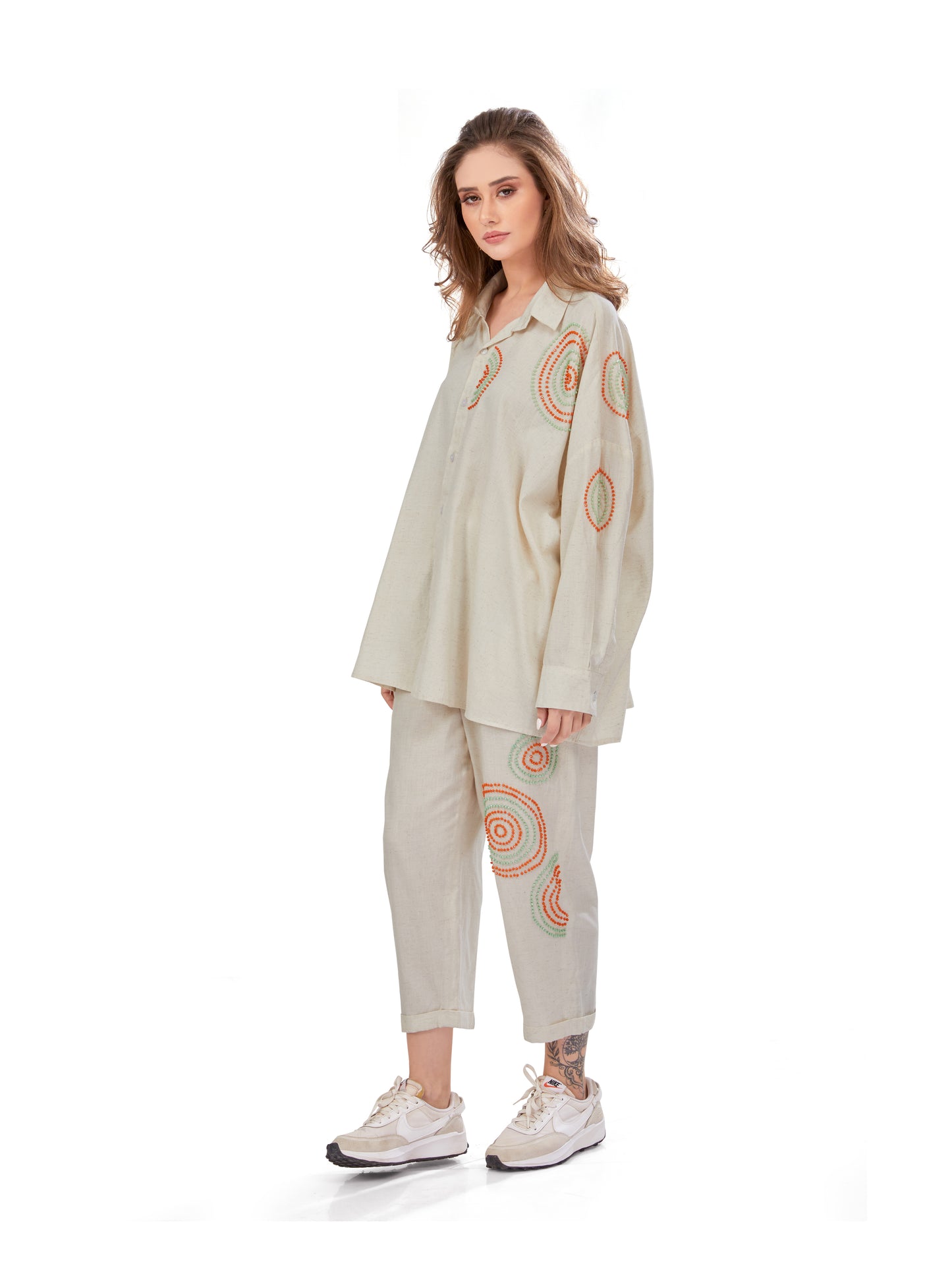 Off-White Linen Shirt and Pant Set with Handcrafted Bead Embellishments – Oversized Fit