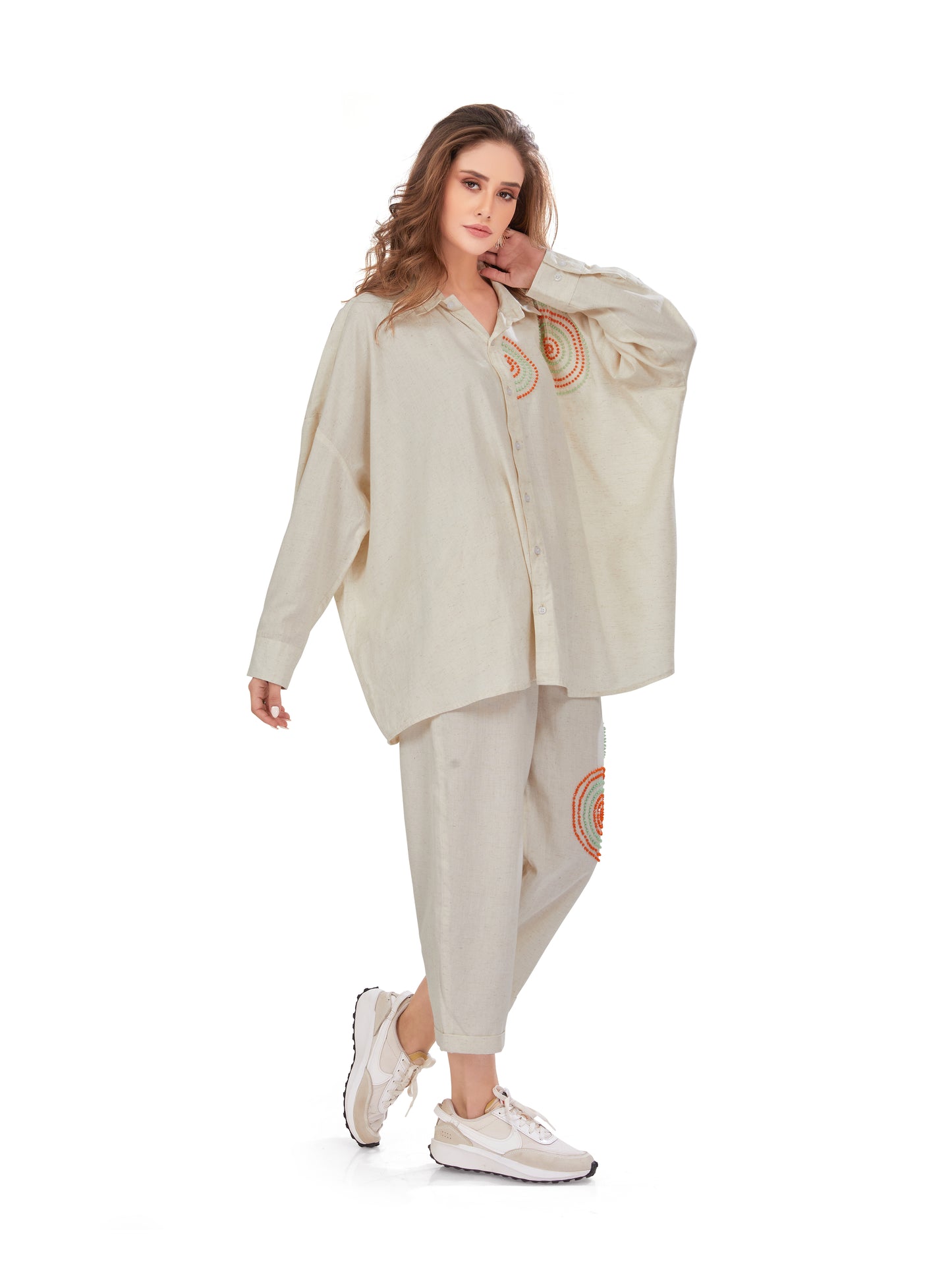 Off-White Linen Shirt and Pant Set with Handcrafted Bead Embellishments – Oversized Fit