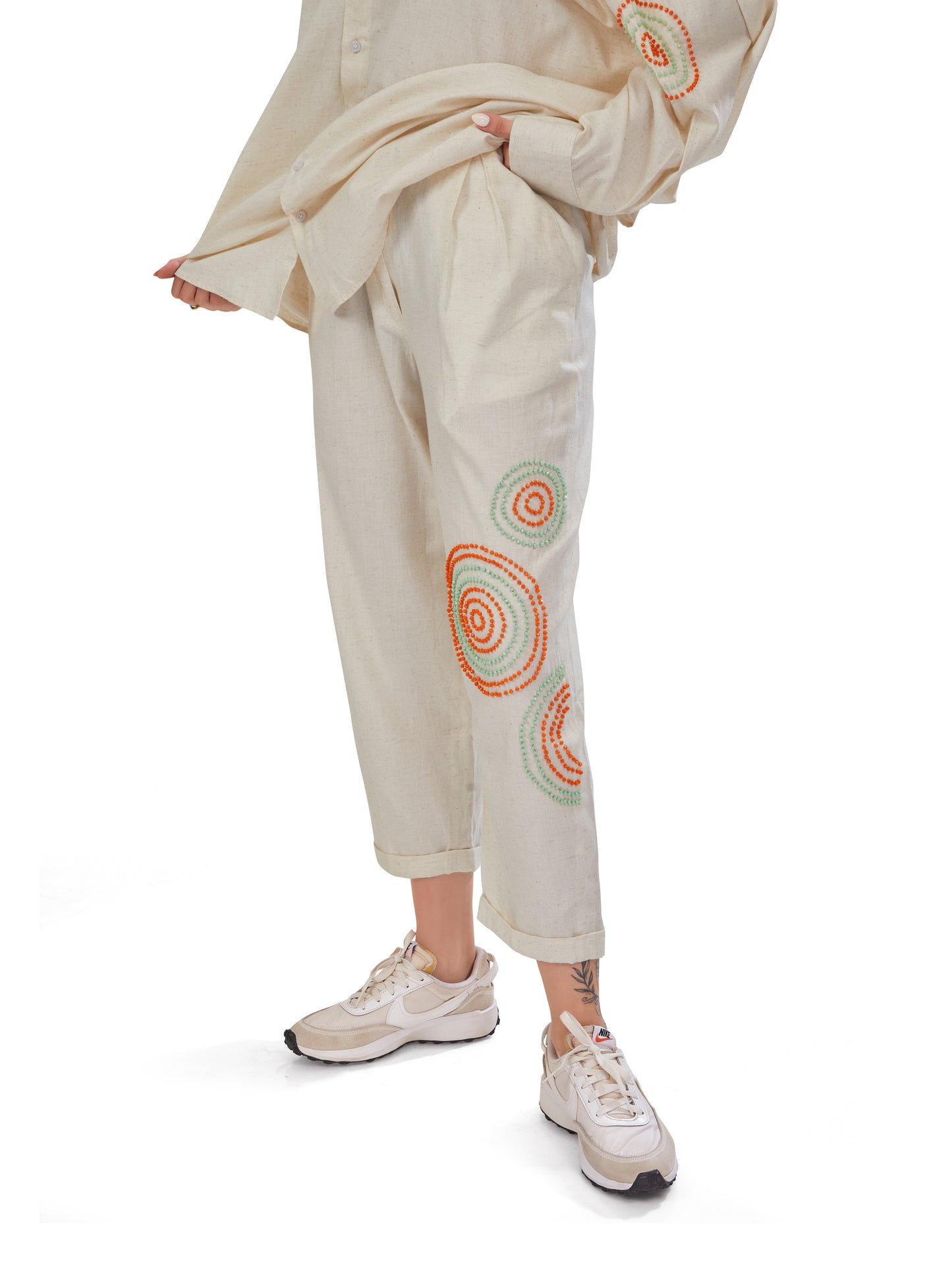 Off-White Linen Shirt and Pant Set with Handcrafted Bead Embellishments – Oversized Fit