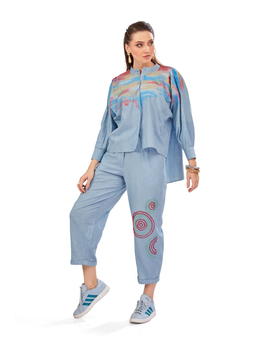 Denim Blue Linen Co-ord Set with Handpaint and Handcrafted Bead Embellishments – Oversized Fit