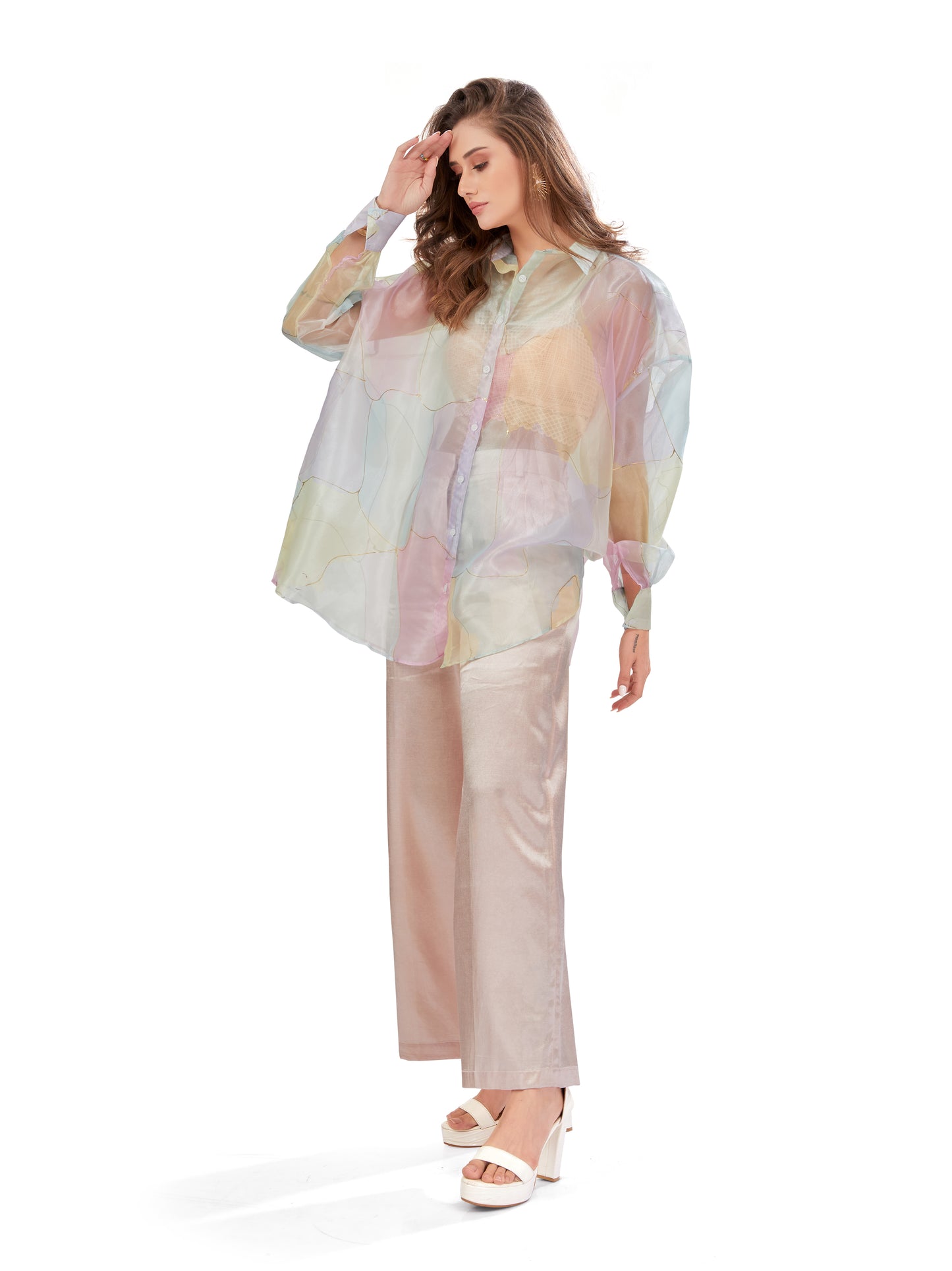 Multi-Coloured Printed Organza Oversized Shirt