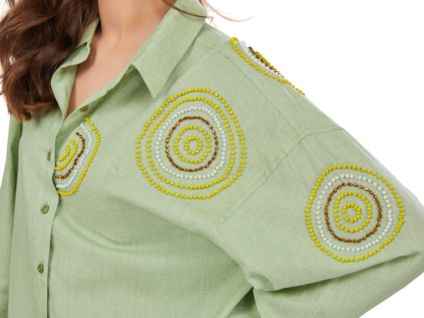 Fern Green Linen Shirt with Handcrafted Bead Embellishments – Oversized Fit