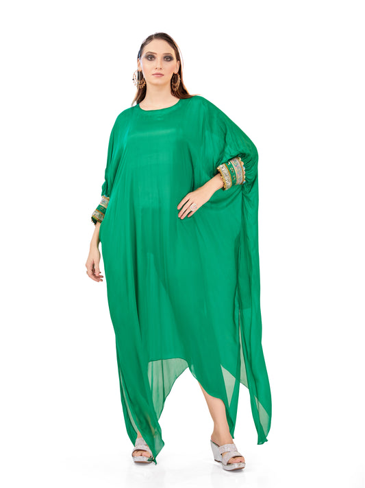 Forest Green Crepe Kaftan – Resort-Ready Elegance