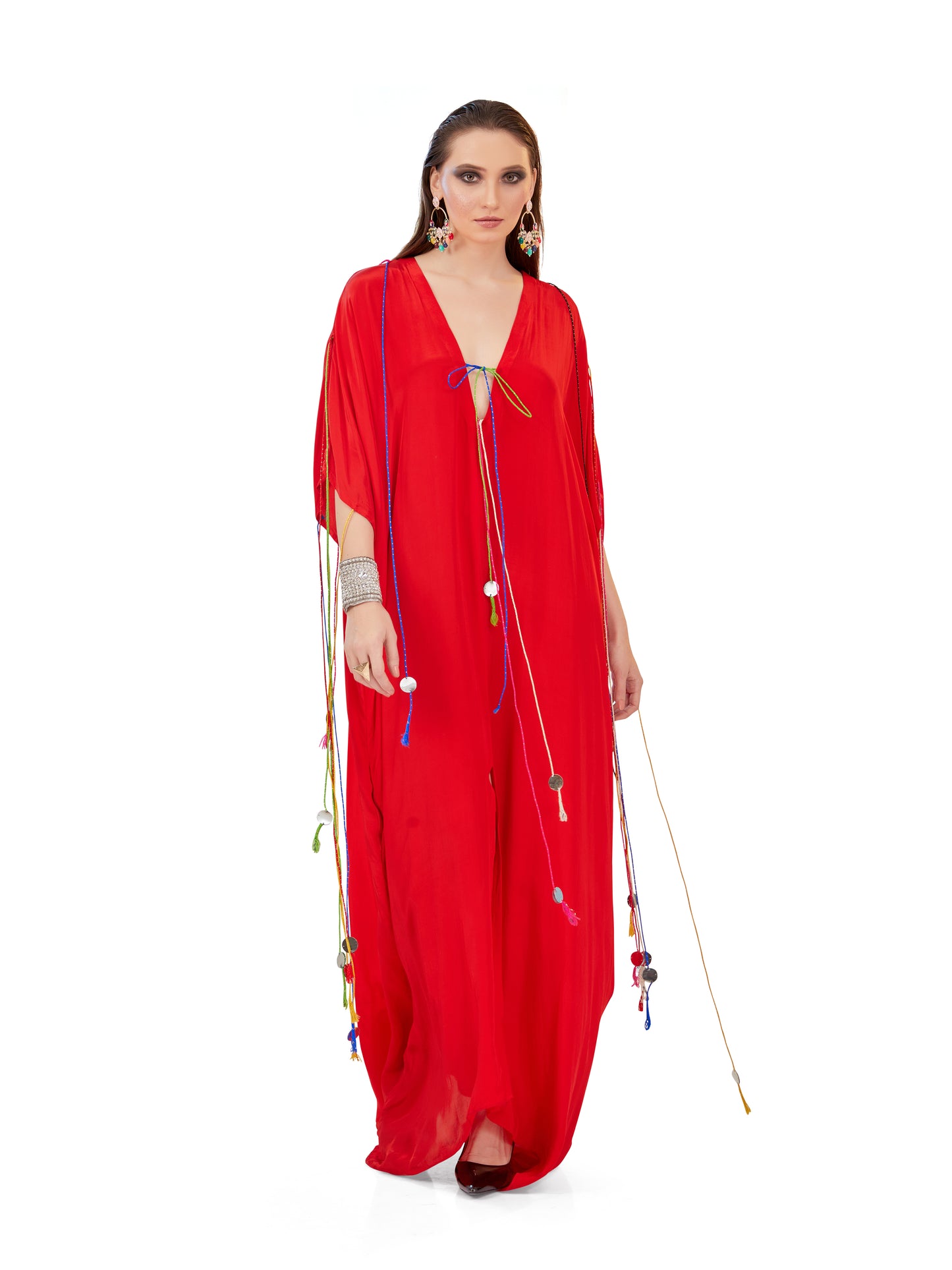 Scarlet Crepe Kaftan – Bold Elegance with Resort Flair