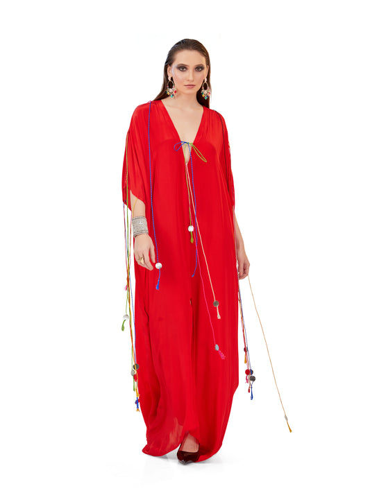 Scarlet Crepe Kaftan – Bold Elegance with Resort Flair