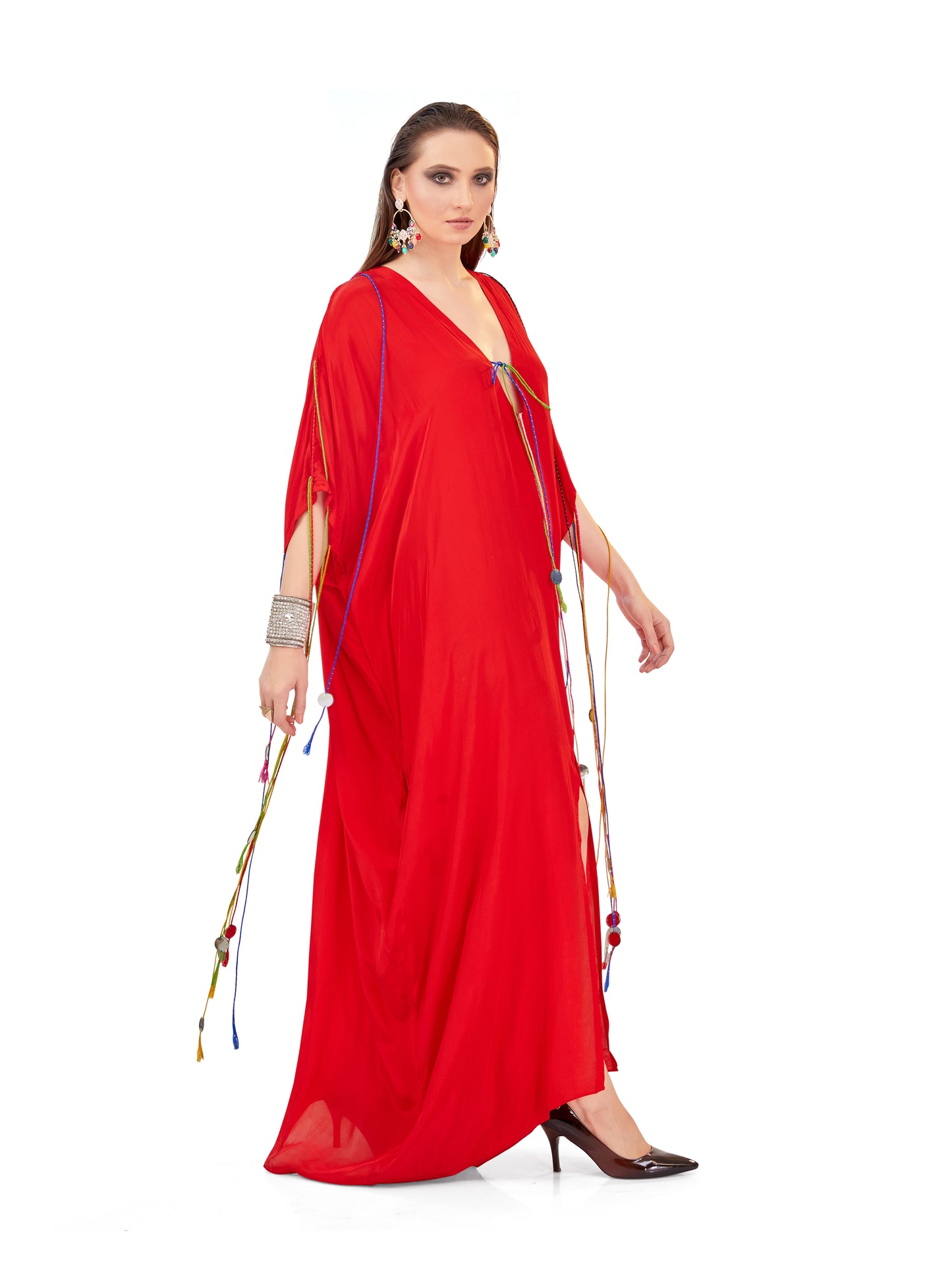 Scarlet Crepe Kaftan – Bold Elegance with Resort Flair