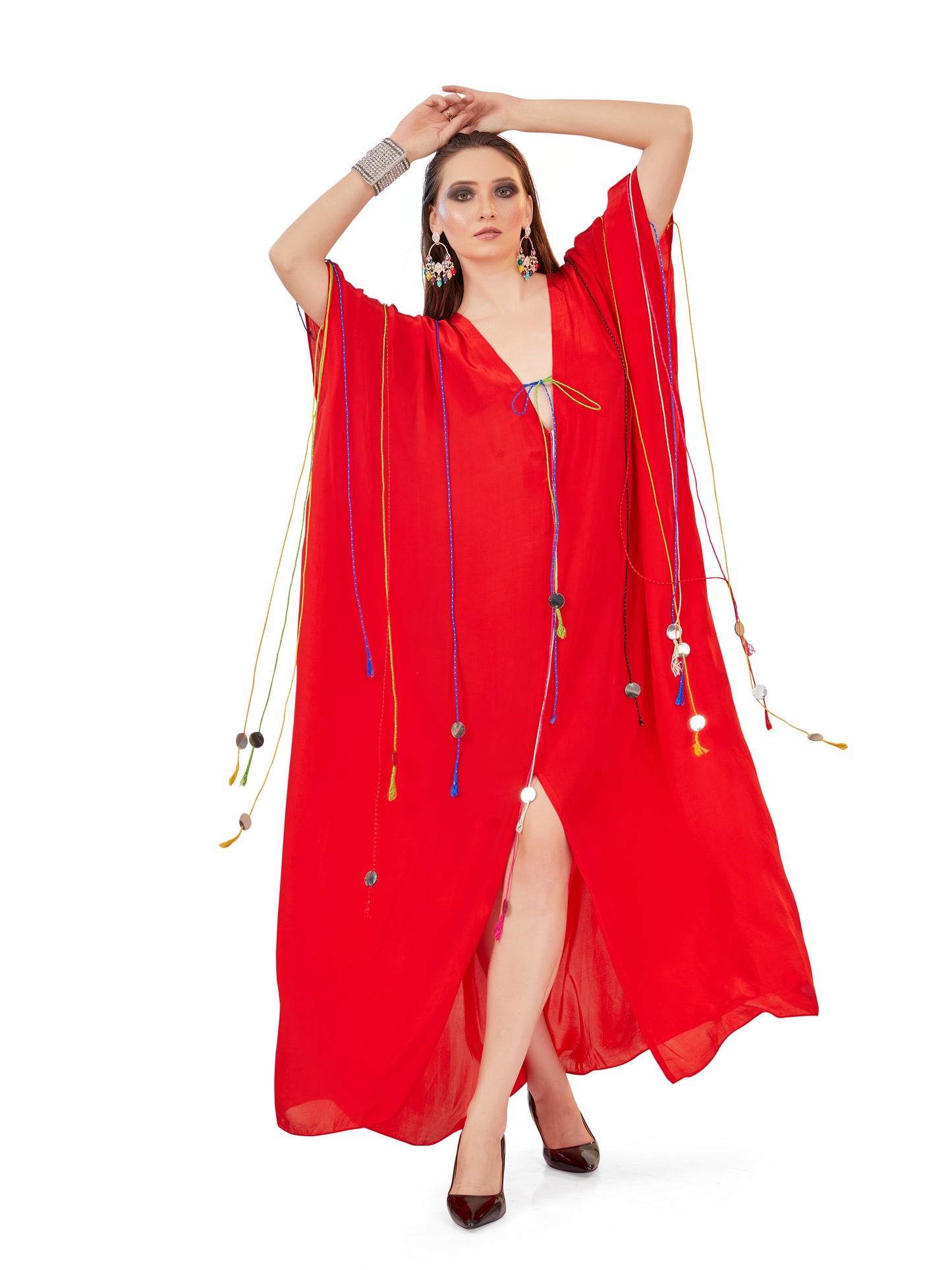 Scarlet Crepe Kaftan – Bold Elegance with Resort Flair