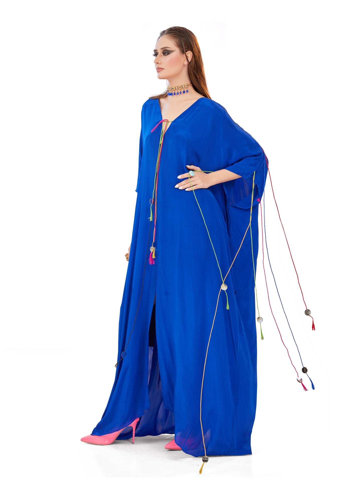 Electric Indigo Crepe Kaftan – Vibrant Elegance with Resort Sophistication