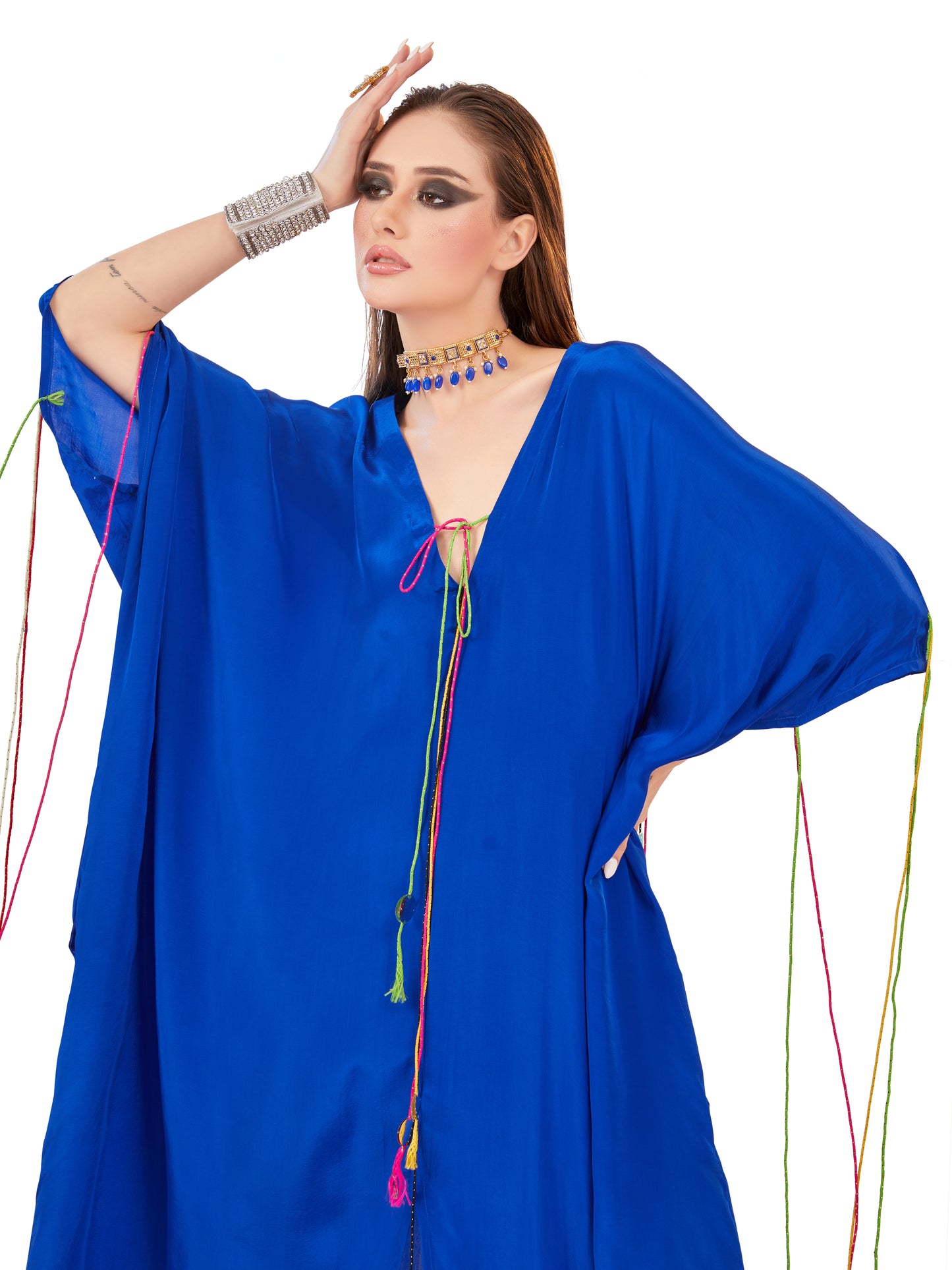 Electric Indigo Crepe Kaftan – Vibrant Elegance with Resort Sophistication