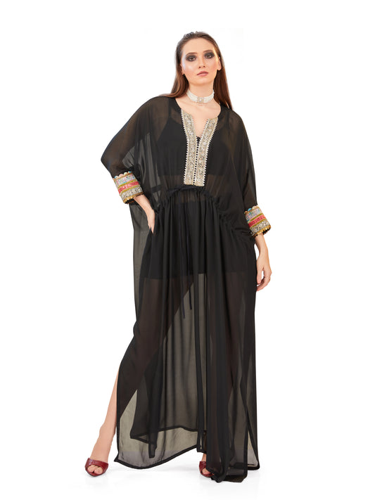 Smokey Black Crepe Kaftan – Timeless Resort Elegance