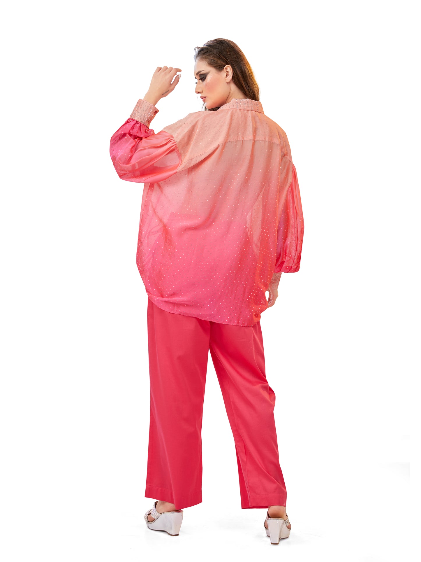 Peach & Pink Shaded Oversized Flowy Shirt with Coordinated Korean Fit Pants