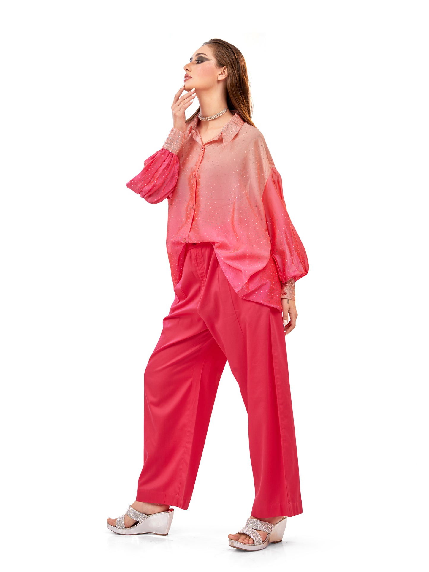 Peach & Pink Shaded Oversized Flowy Shirt with Coordinated Korean Fit Pants